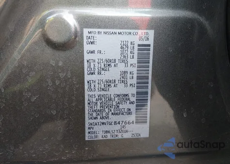 2016 Nissan Rogue Sl from USA, damaged, VIN 5N1AT2MV7GC847664
